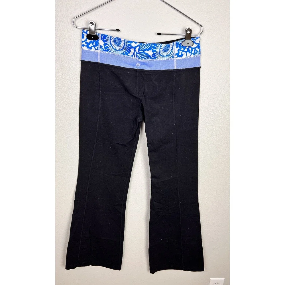 Lululemon Wide Leg Pant Size 8R‎ Black W/ Blue Print Waist Band Legging Flare